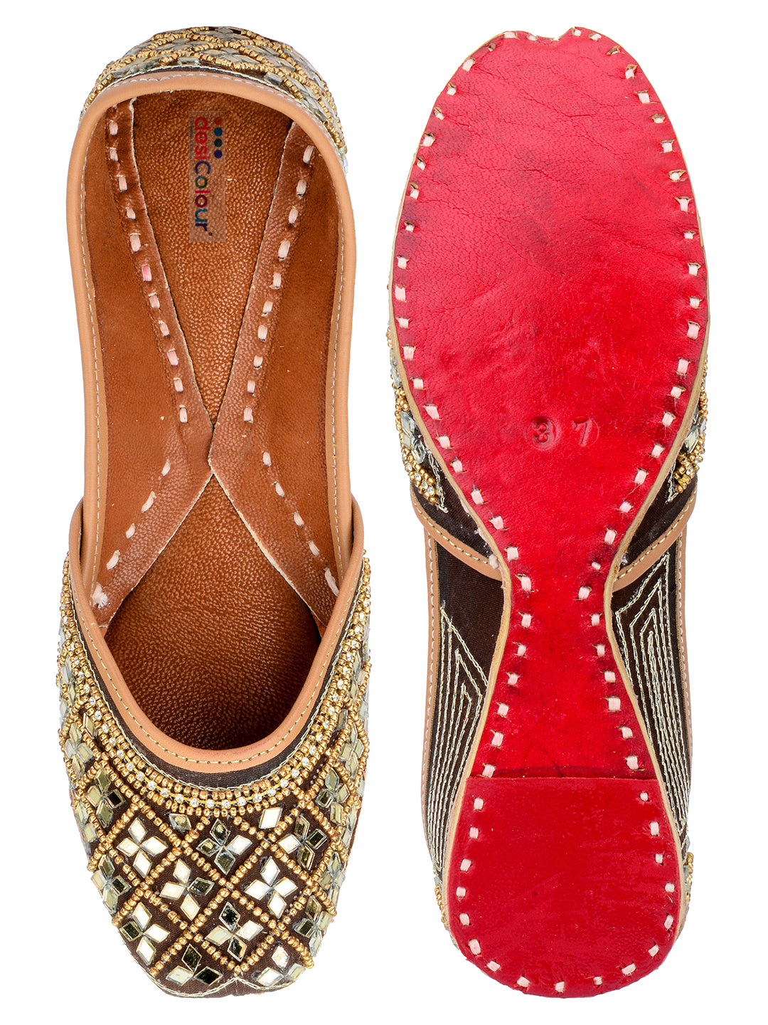 DESI COLOUR Women Gold-Toned Embellished Leather Ethnic Mojaris