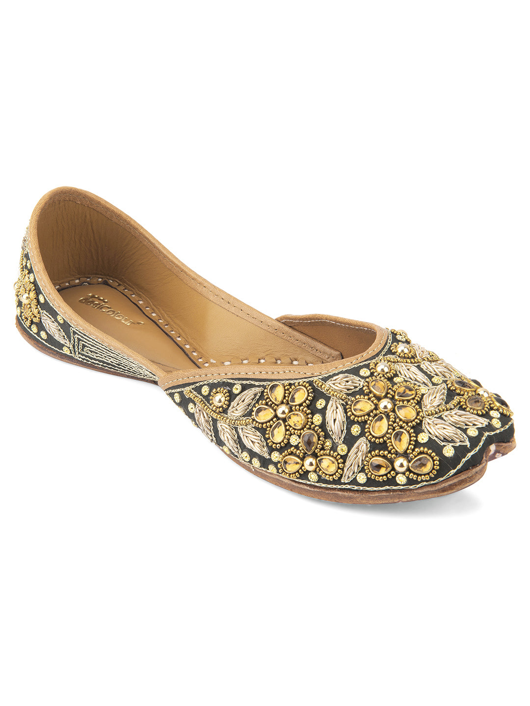 DESI COLOUR Women Black Embellished Leather Ethnic Mojaris Flats