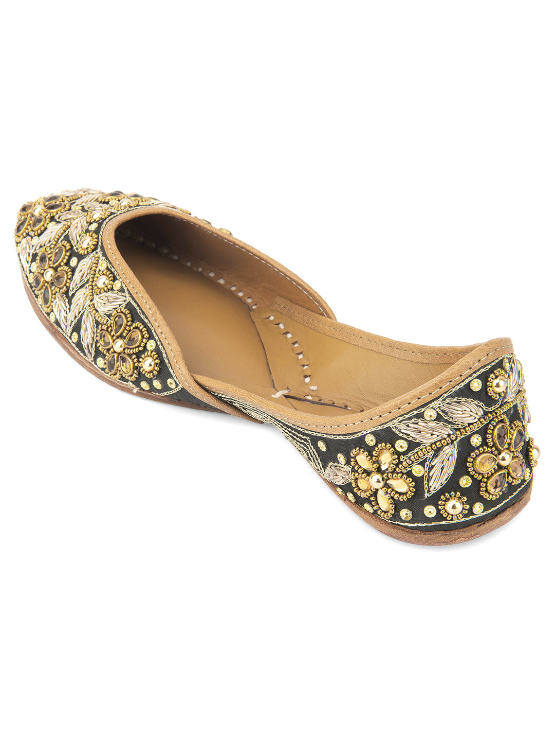 DESI COLOUR Women Black Embellished Leather Ethnic Mojaris Flats