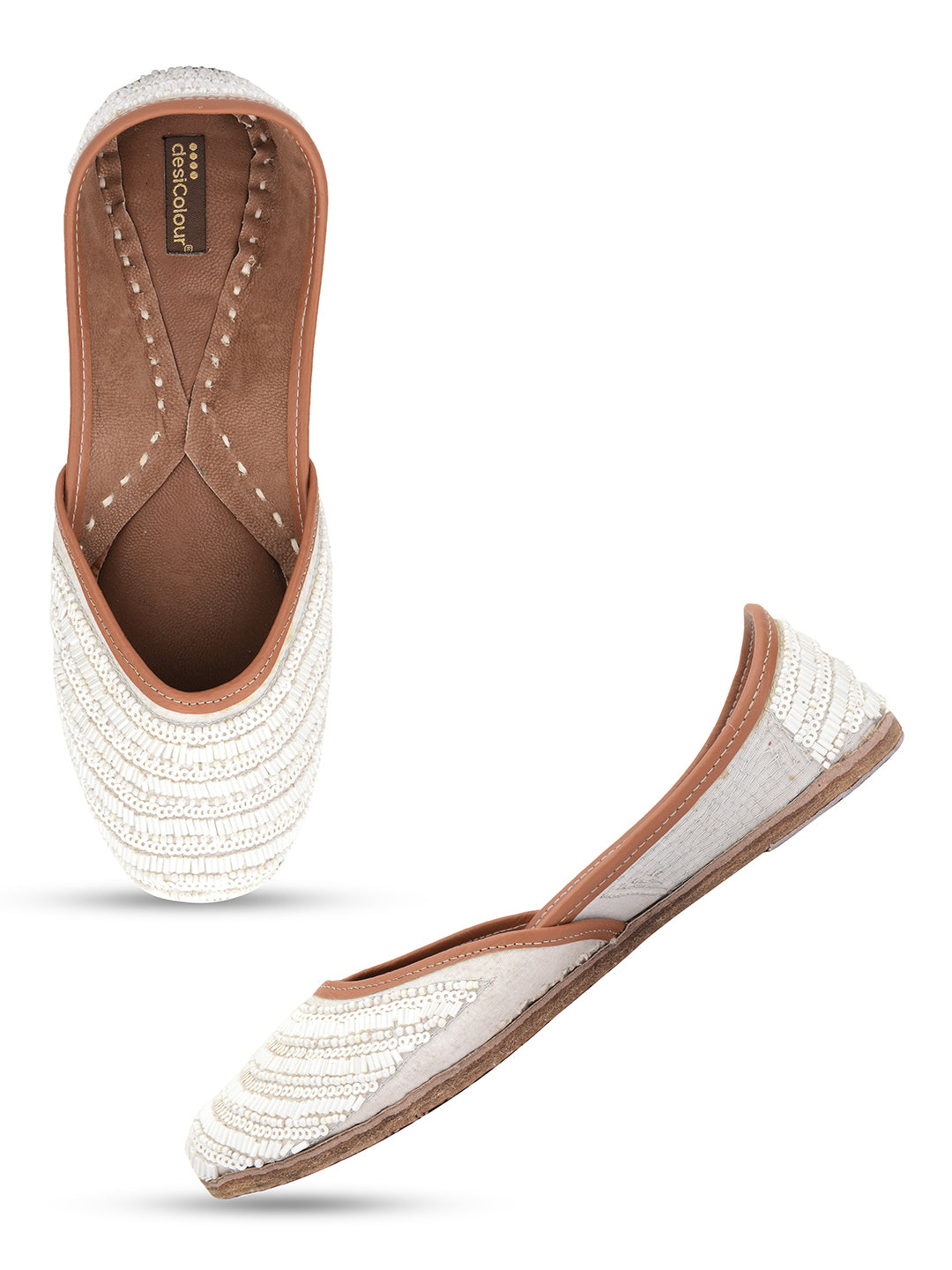 DESI COLOUR Women White Embellished Ethnic Mojaris with Embroidered Flats