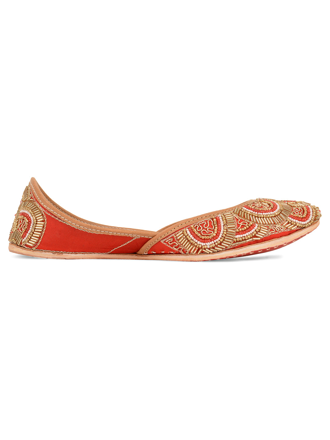 DESI COLOUR Women Red Embellished Leather Ethnic Flats