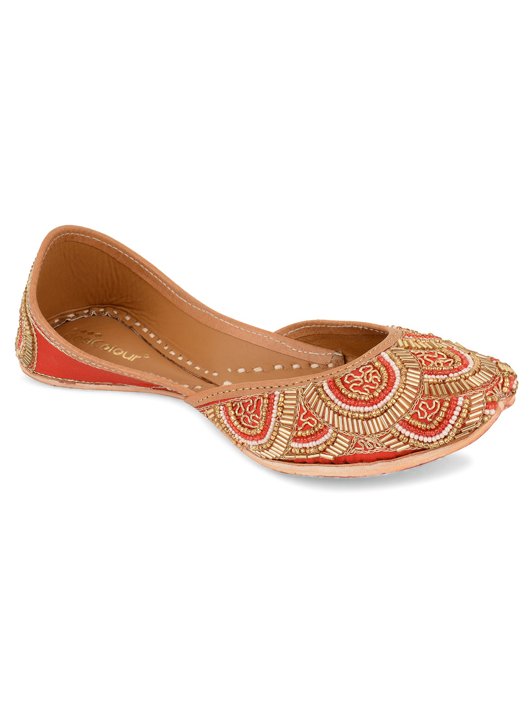 DESI COLOUR Women Red Embellished Leather Ethnic Flats Desi Colour