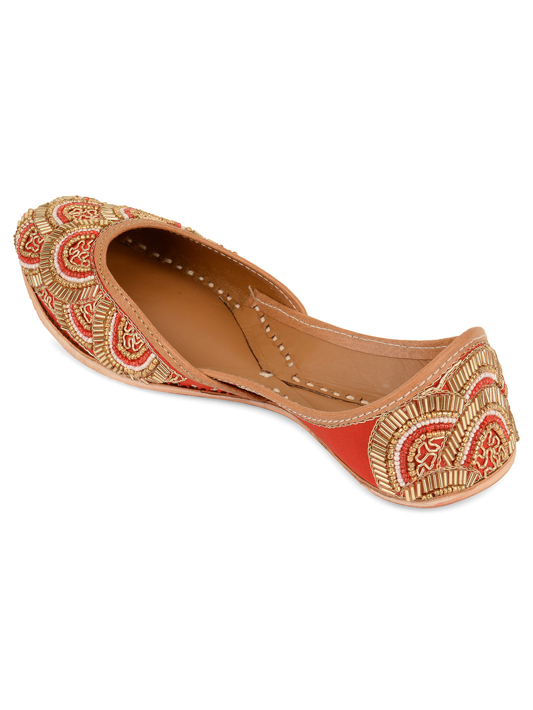 DESI COLOUR Women Red Embellished Leather Ethnic Flats