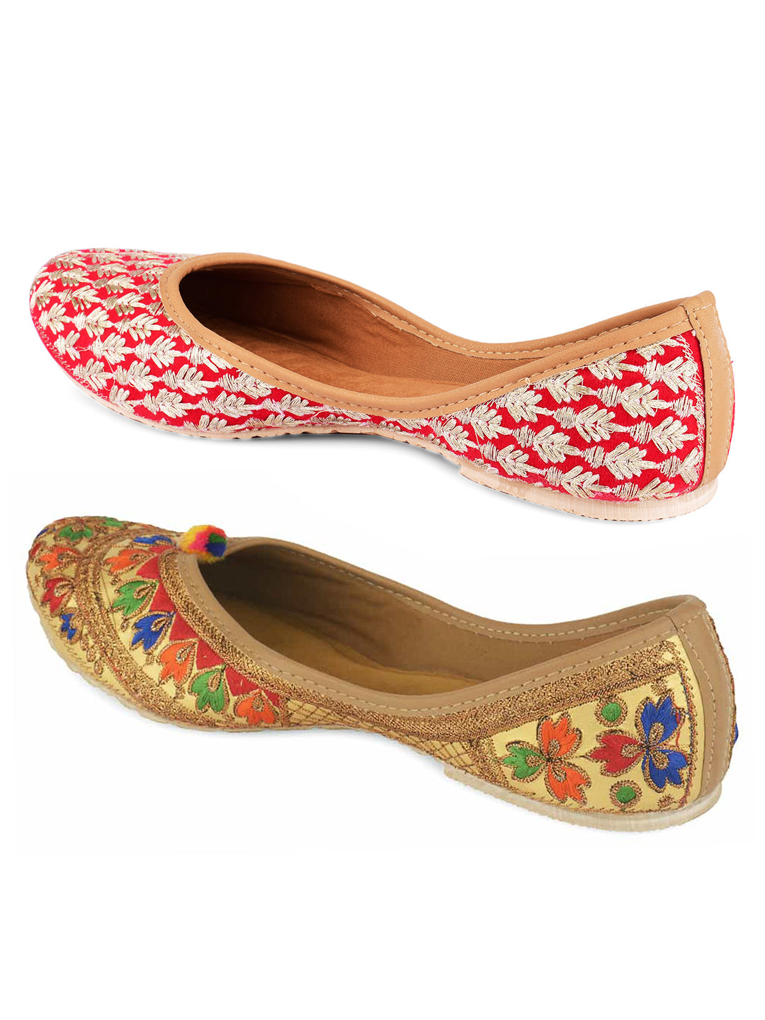 DESI COLOUR Women Pack Of 2 Red  Beige Woven Design Mojaris