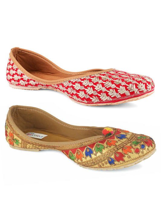 DESI COLOUR Women Pack Of 2 Red  Beige Woven Design Mojaris