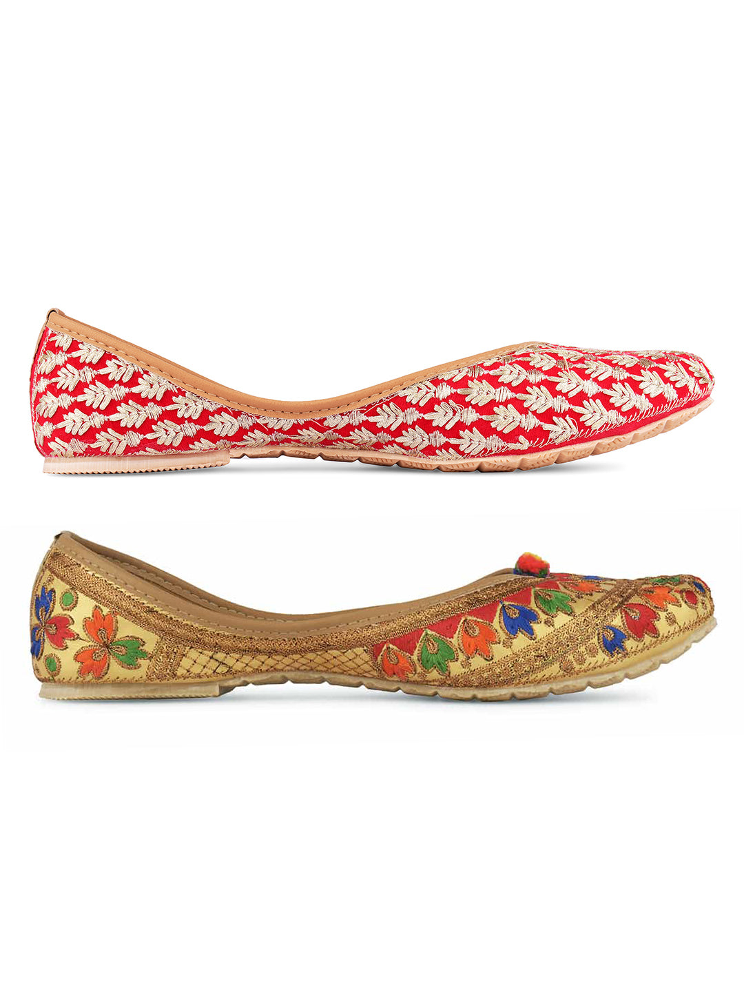 DESI COLOUR Women Pack Of 2 Red  Beige Woven Design Mojaris
