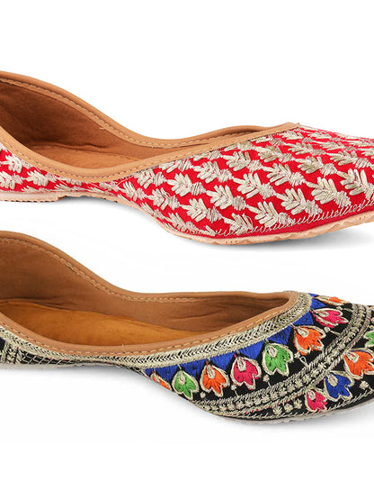 DESI COLOUR Women Pack Of 2 Red  Blue Woven Design Mojaris