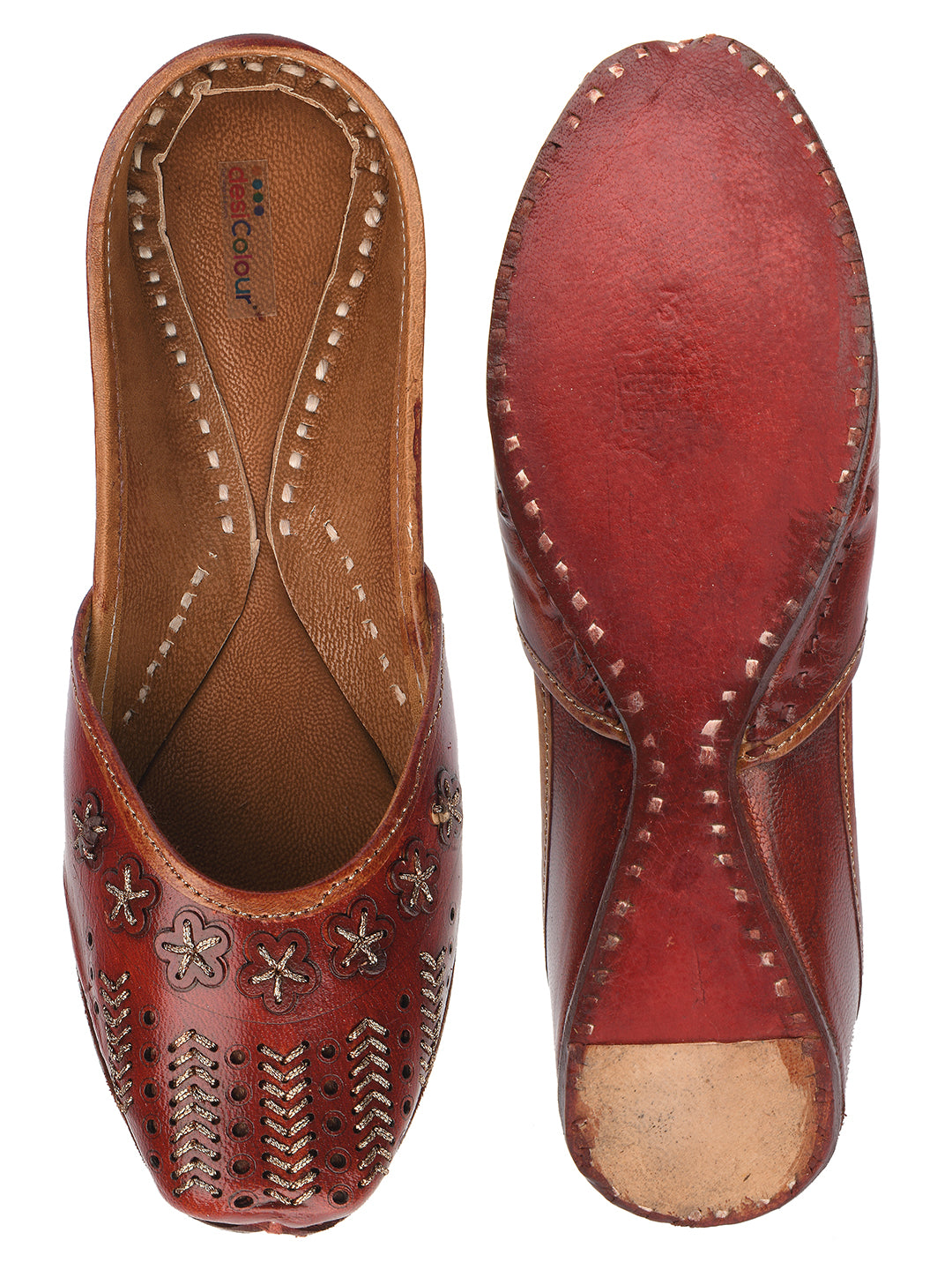DESI COLOUR Women Tan Embellished Leather Ethnic Mojaris with Laser Cuts Flats