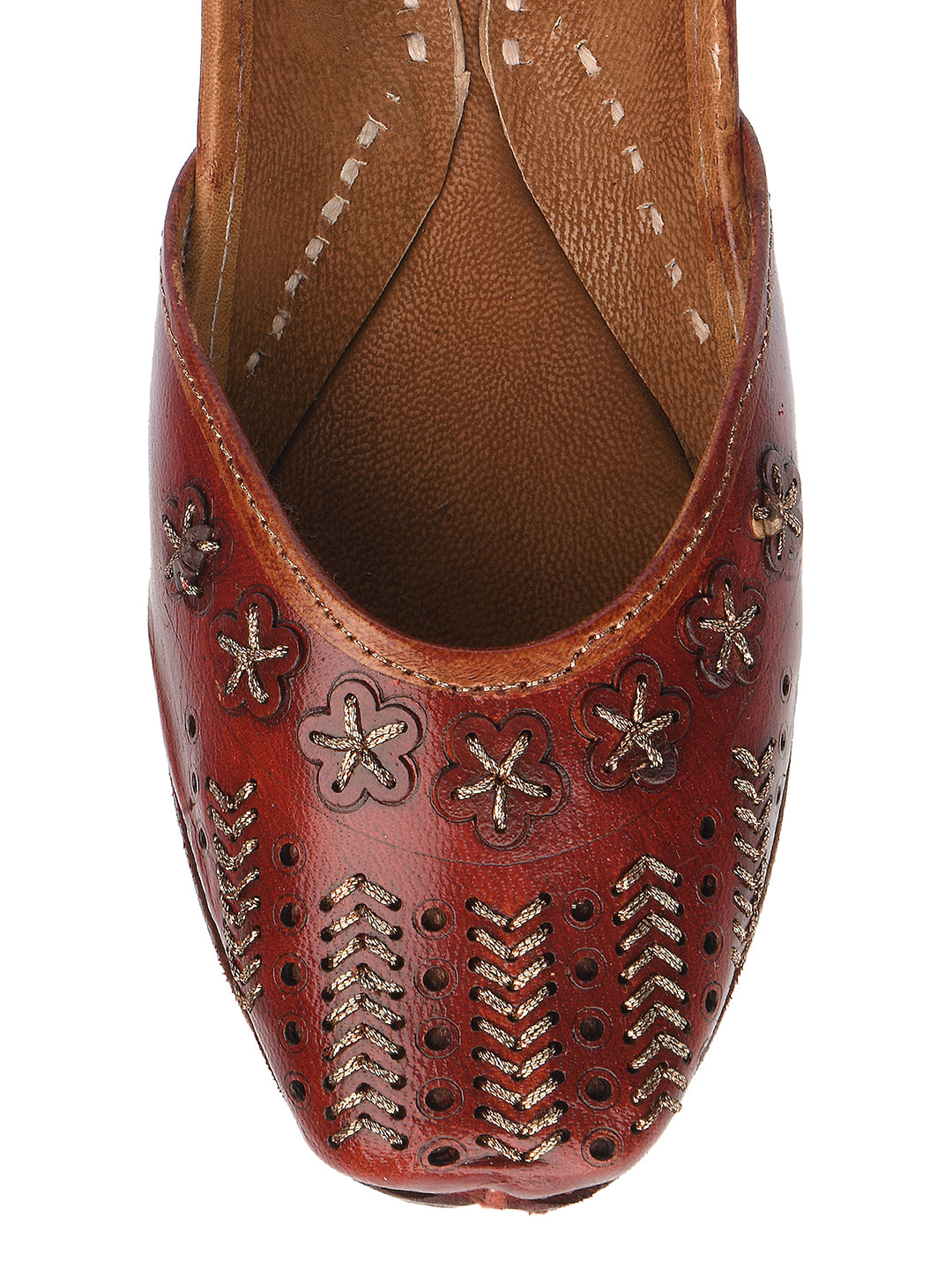 DESI COLOUR Women Tan Embellished Leather Ethnic Mojaris with Laser Cuts Flats