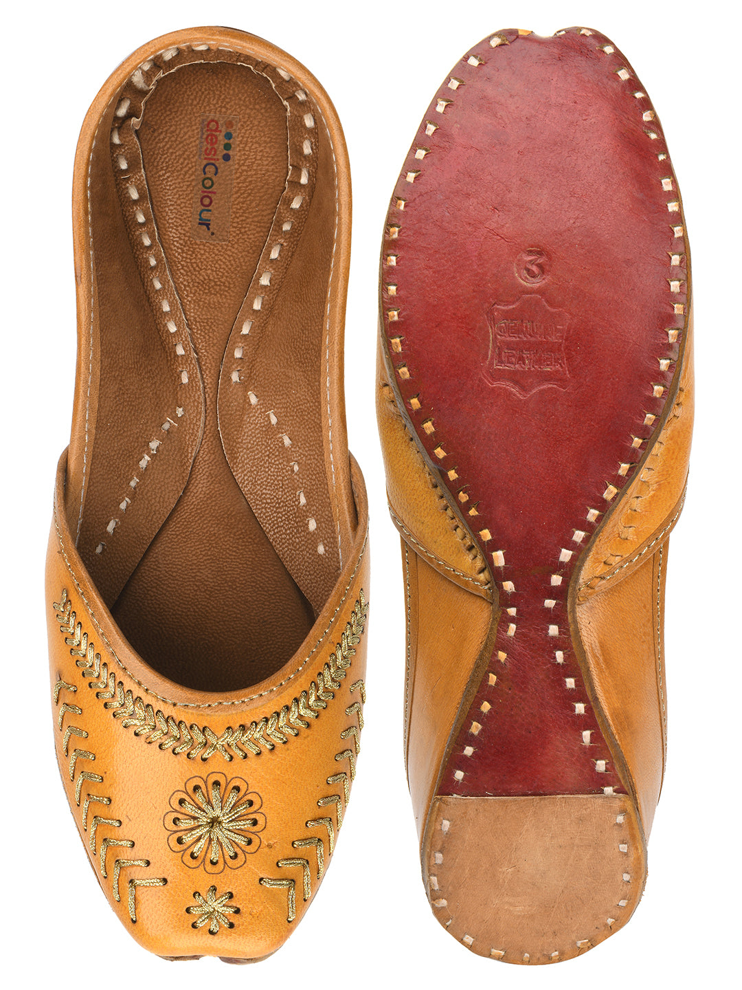 DESI COLOUR Women Brown Textured Leather Ethnic Mojaris Flats