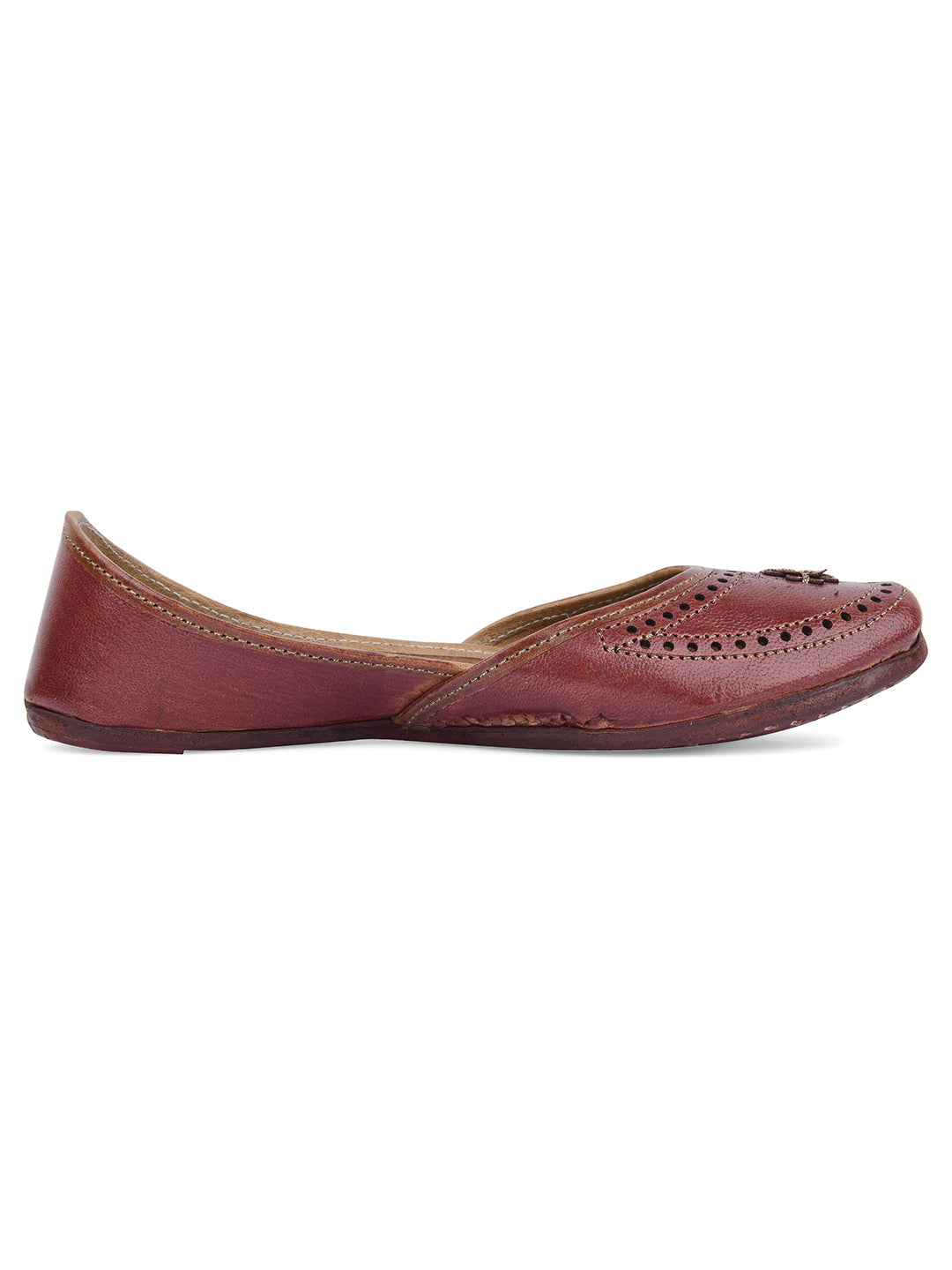 DESI COLOUR Women Brown Textured Leather Ethnic Mojaris with Laser Cuts Flats