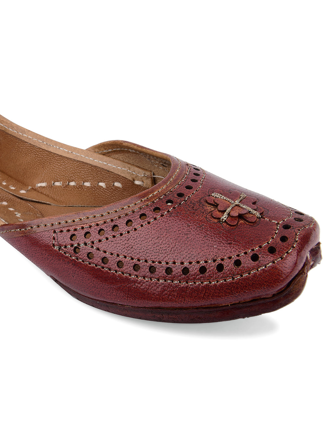 DESI COLOUR Women Brown Textured Leather Ethnic Mojaris with Laser Cuts Flats