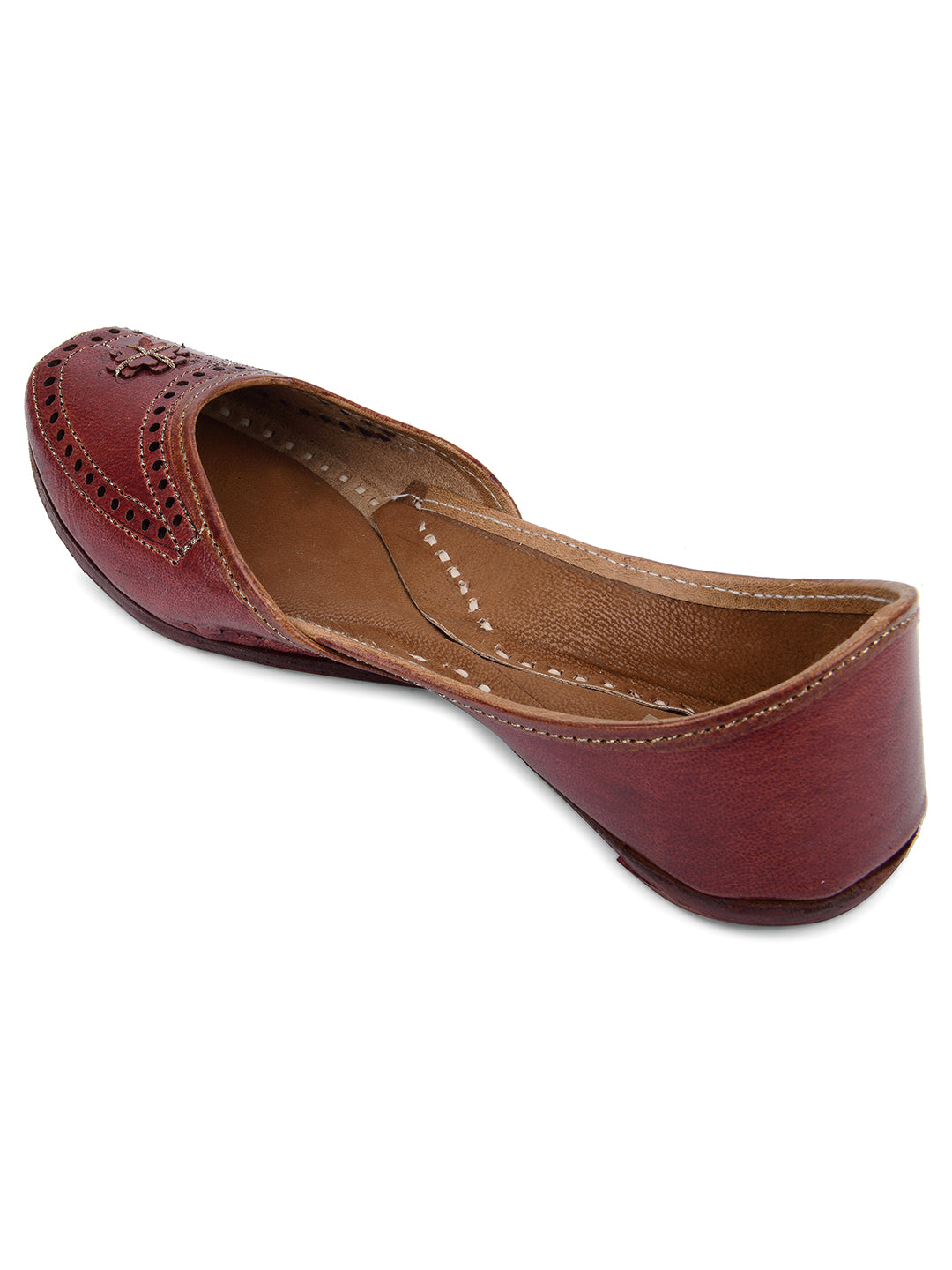 DESI COLOUR Women Brown Textured Leather Ethnic Mojaris with Laser Cuts Flats