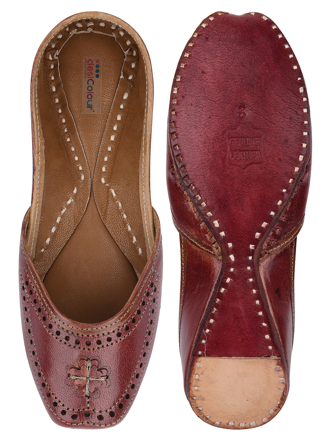 DESI COLOUR Women Brown Textured Leather Ethnic Mojaris with Laser Cuts Flats