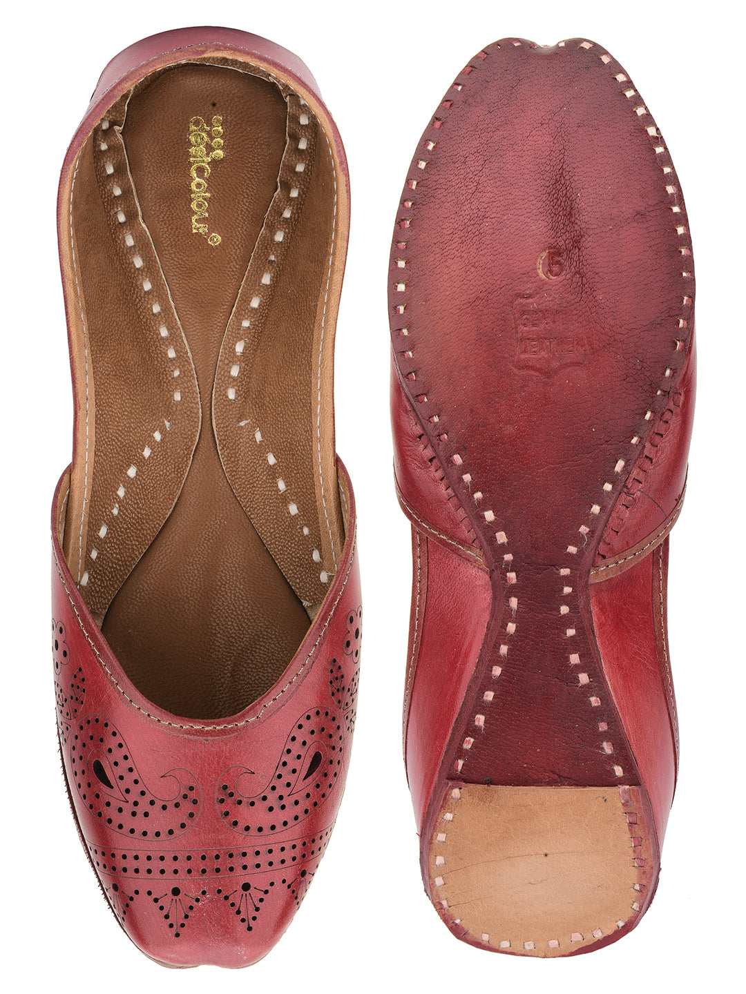 DESI COLOUR Women Red Embellished Ethnic Mojaris with Laser Cuts Flats