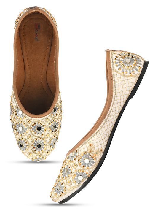 DESI COLOUR Women Beige Embellished Ethnic Mojaris Flats