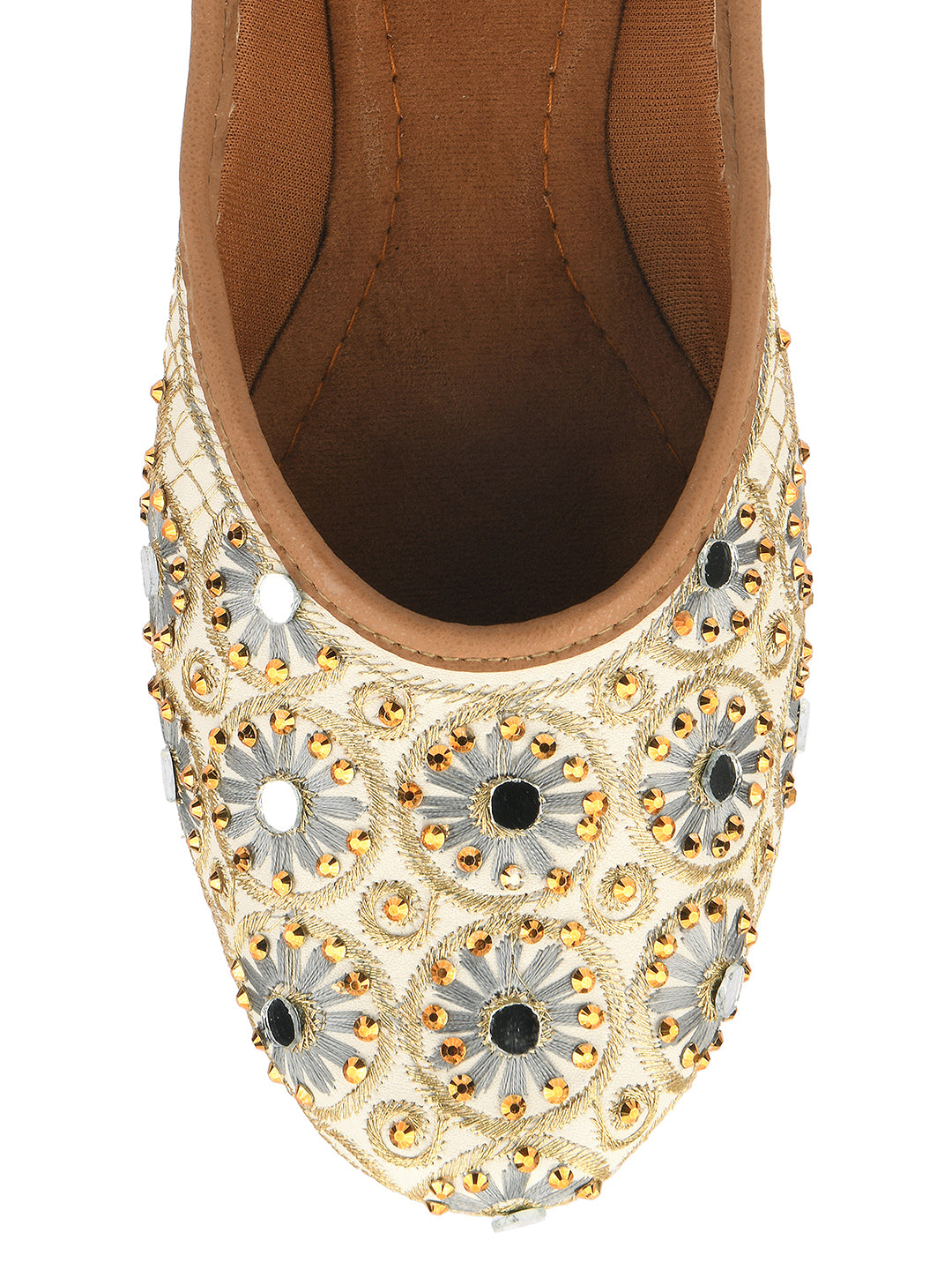 DESI COLOUR Women Beige Embellished Ethnic Mojaris Flats