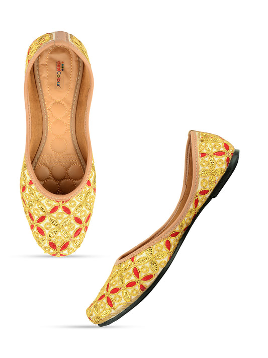 DESI COLOUR Women Gold-Toned Embellished Ethnic Mojaris Flats