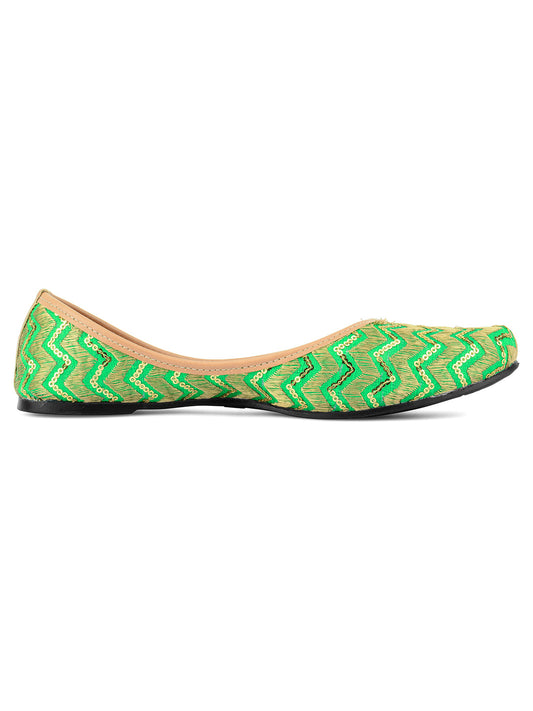 DESI COLOUR Women Green Embellished Leather Ethnic Ballerinas Flats