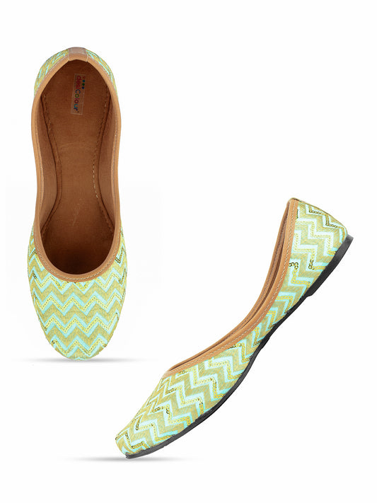 DESI COLOUR Women Sea Green Ethnic Mojaris Flats