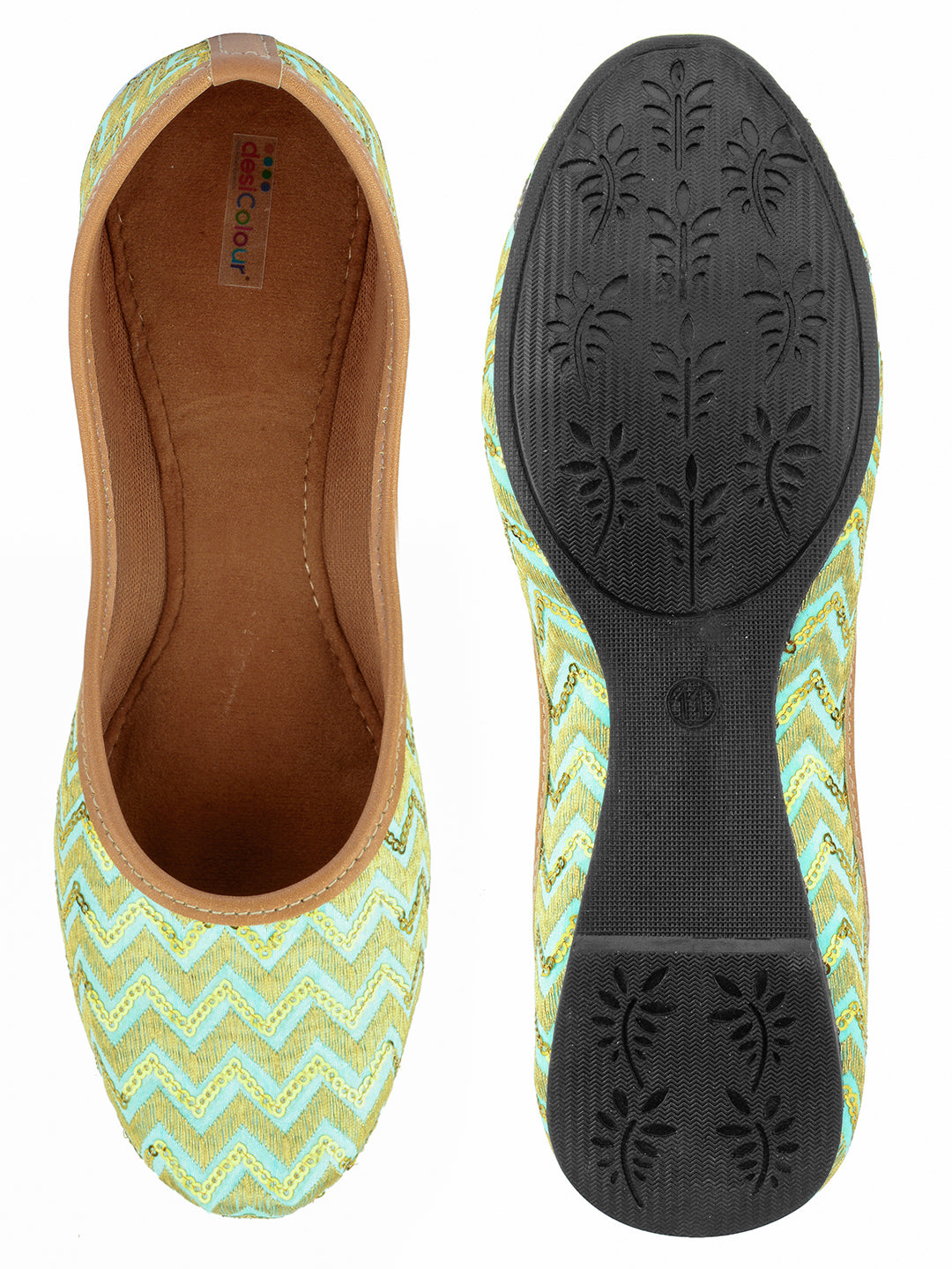 DESI COLOUR Women Sea Green Ethnic Mojaris Flats