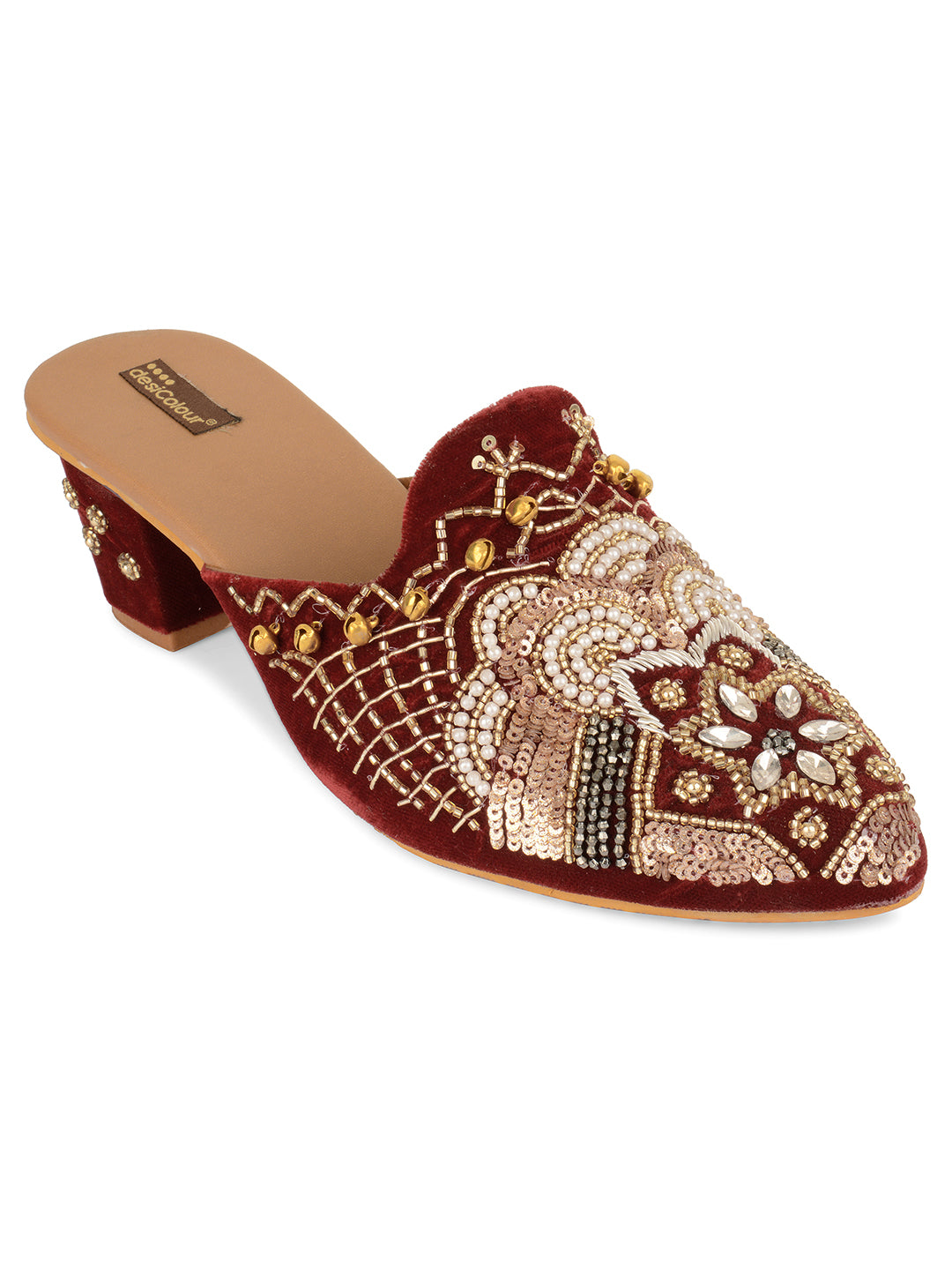 DESI COLOUR Maroon Printed Ethnic Block Pumps