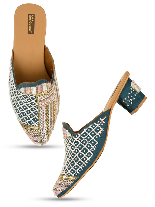DESI COLOUR Women Teal Pointed toe Ethnic Emblished Block Mules