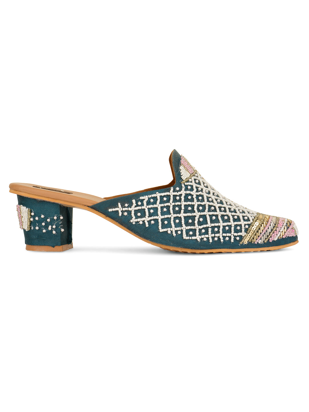 DESI COLOUR Women Teal Pointed toe Ethnic Emblished Block Mules