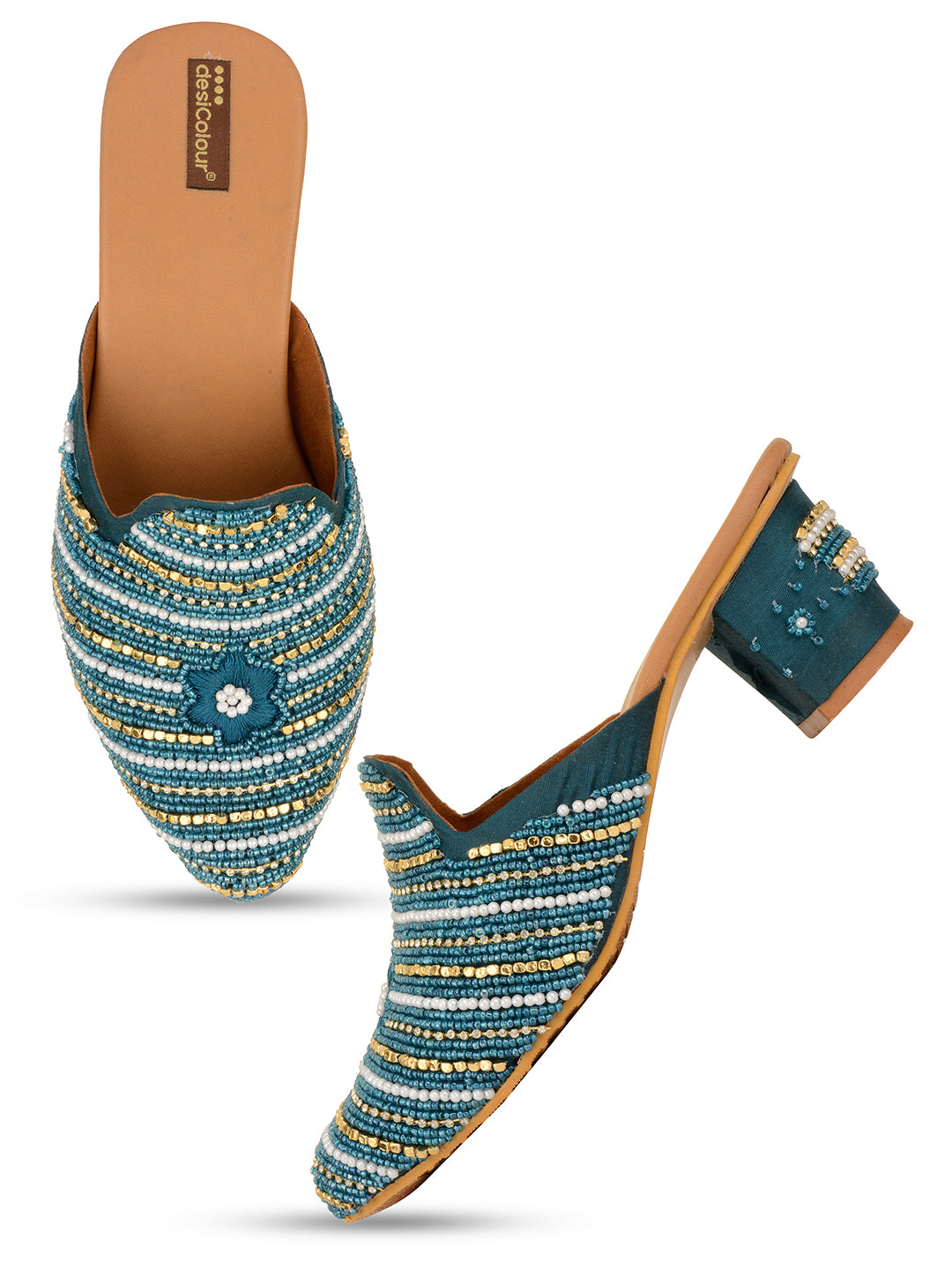 DESI COLOUR Women Teal Pearl Hand Enbroided regular ankle and open back Ethnic Block Mules