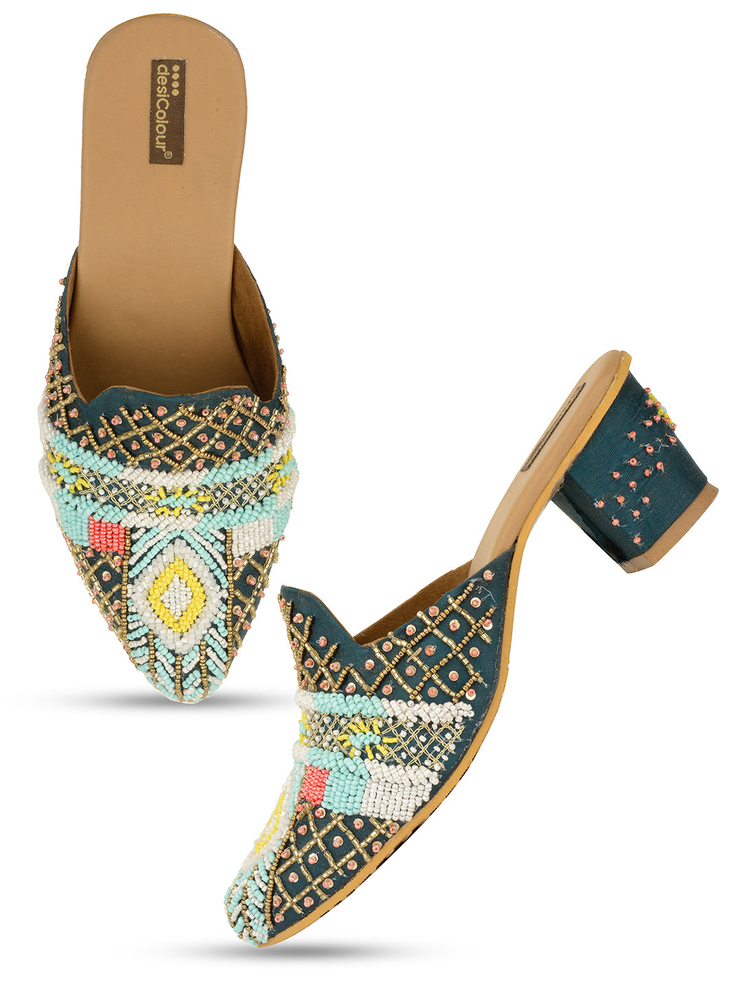 DESI COLOUR Women Green multi color Hand Embroided Ethnic Block Mules