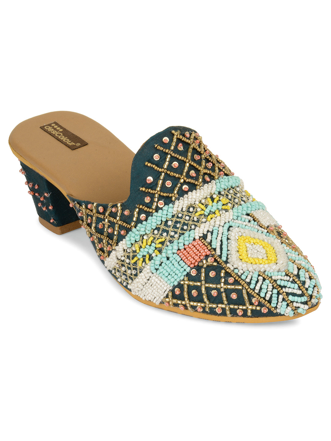 DESI COLOUR Women Green multi color Hand Embroided Ethnic Block Mules