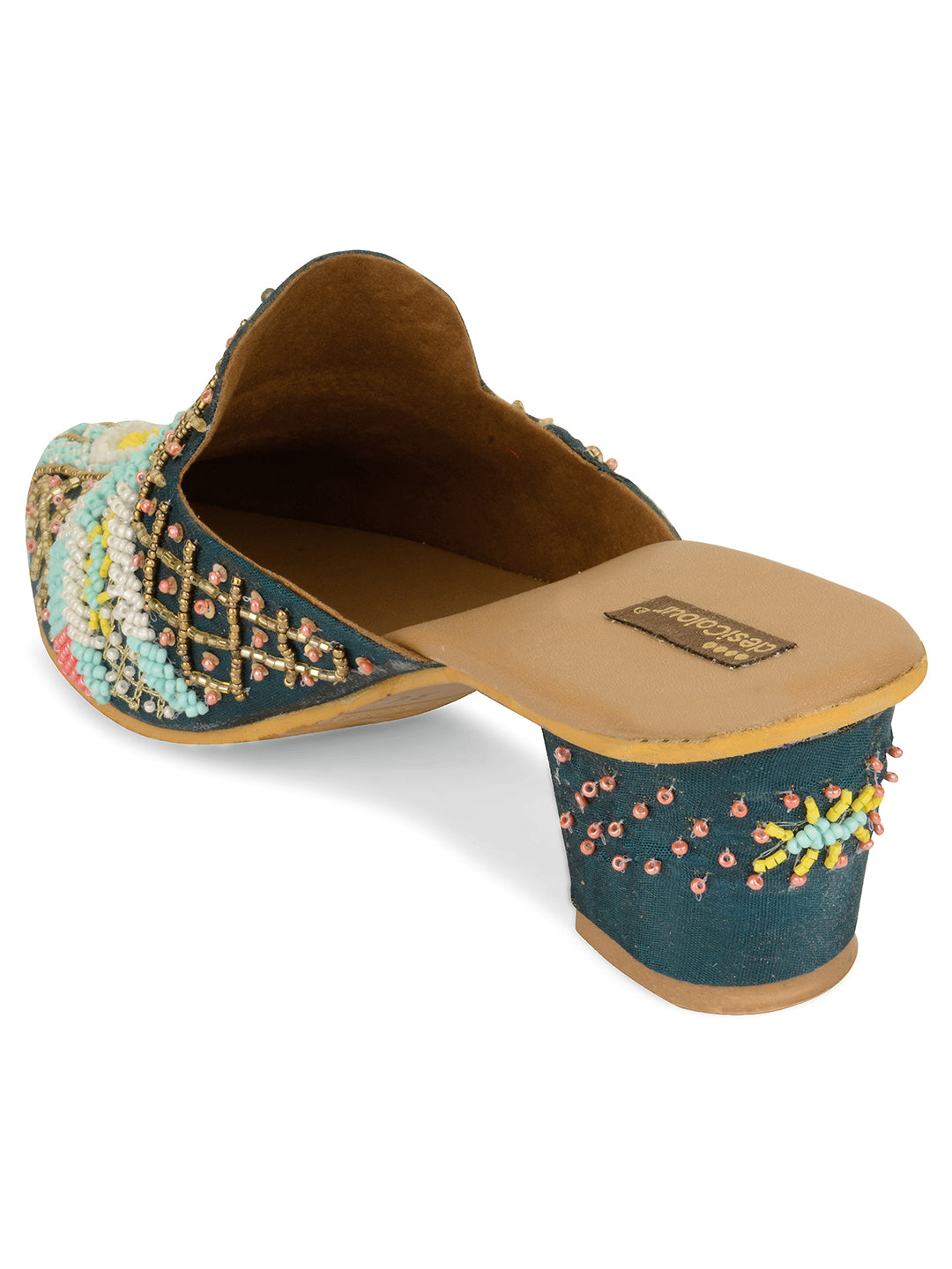 DESI COLOUR Women Green multi color Hand Embroided Ethnic Block Mules