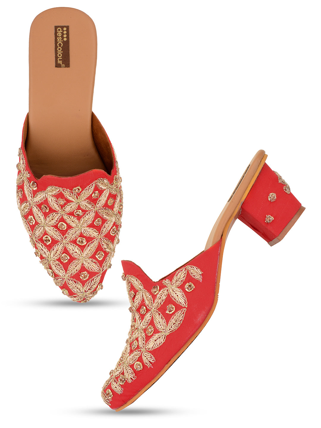 DESI COLOUR Women Red Ethnic Block Mules