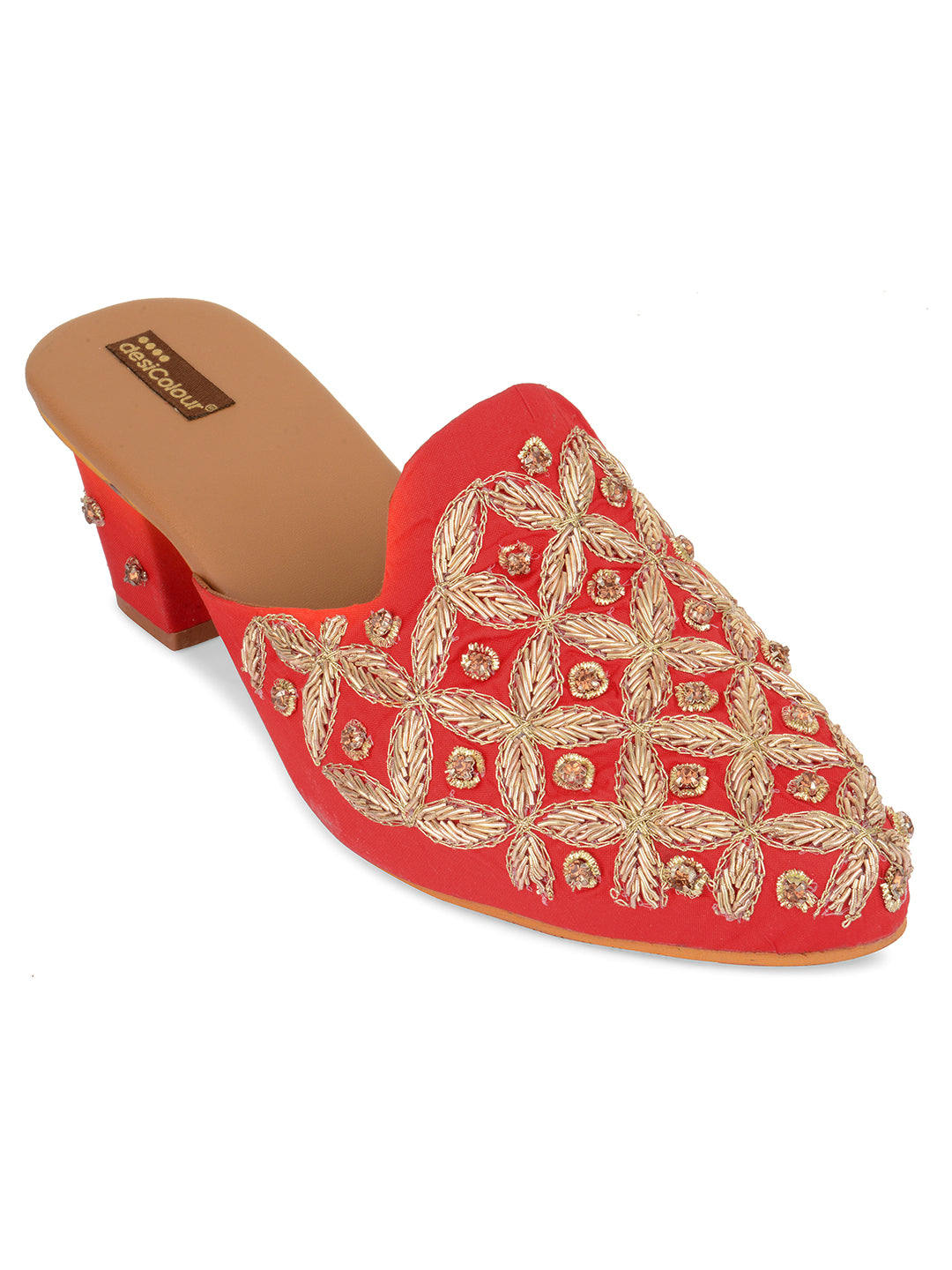 DESI COLOUR Women Red Ethnic Block Mules