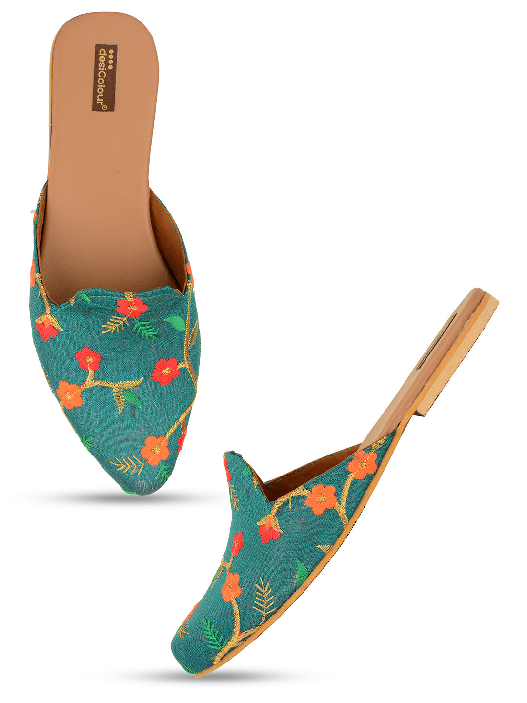 DESI COLOUR Women Teal Ethnic Mojaris Flats