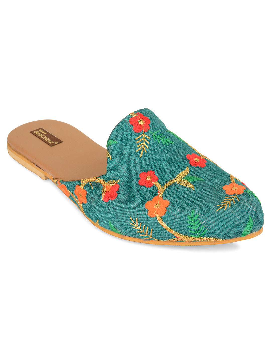 DESI COLOUR Women Teal Ethnic Mojaris Flats