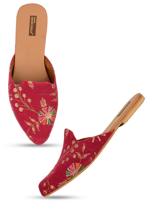 DESI COLOUR Women Pink Ethnic Embroidered Mules