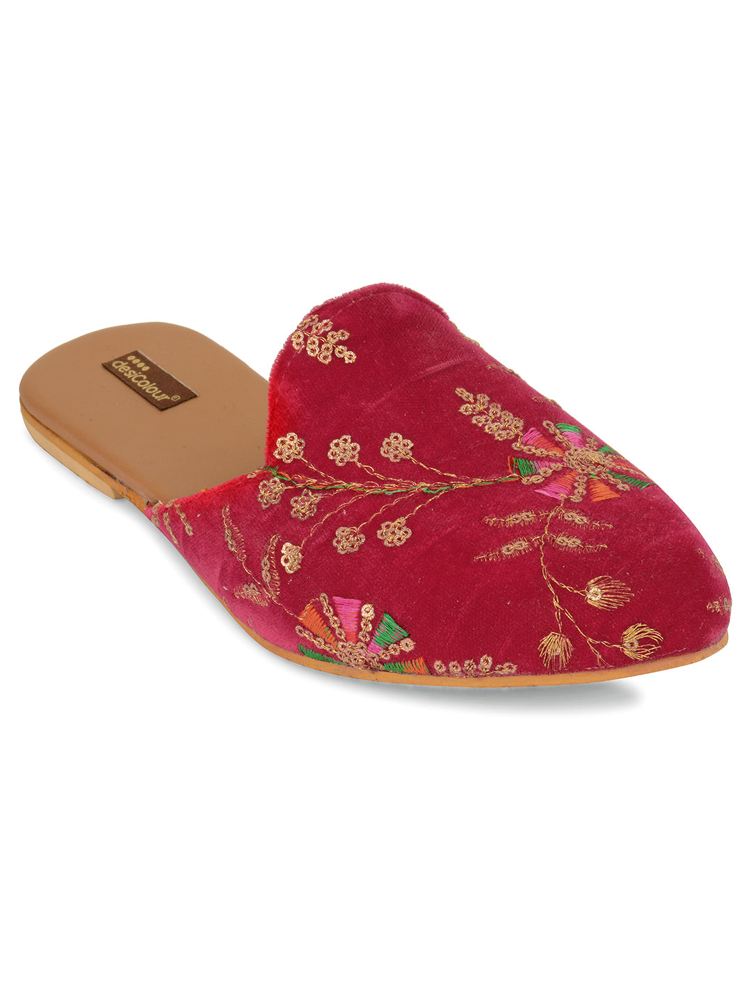 DESI COLOUR Women Pink Ethnic Embroidered Mules