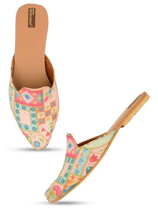 DESI COLOUR Women Multicoloured  Embroidered Ethnic Mules Flats