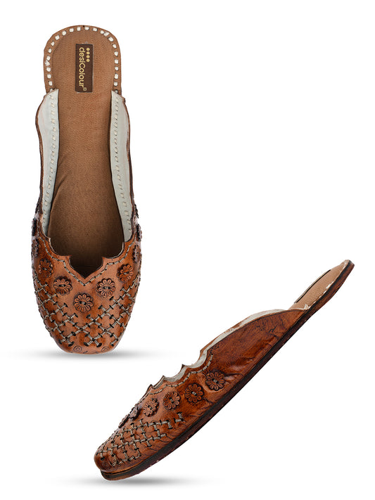 DESI COLOUR Women Brown Embellished Ethnic Mules with Laser Cuts Flats