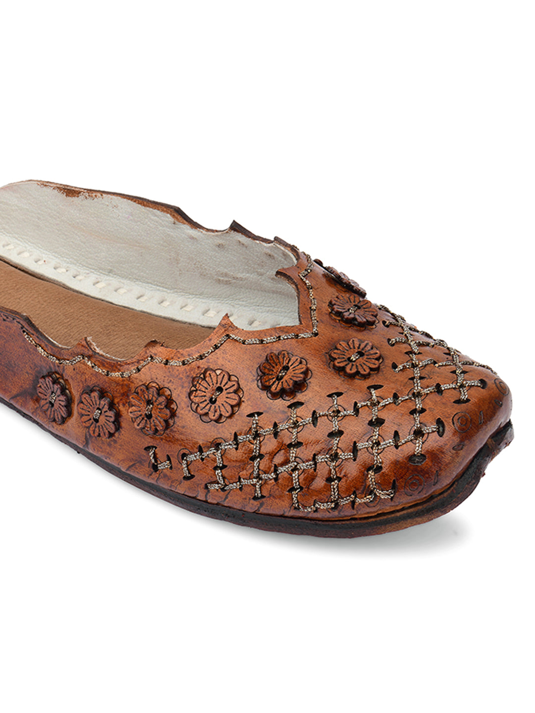 DESI COLOUR Women Brown Embellished Ethnic Mules with Laser Cuts Flats