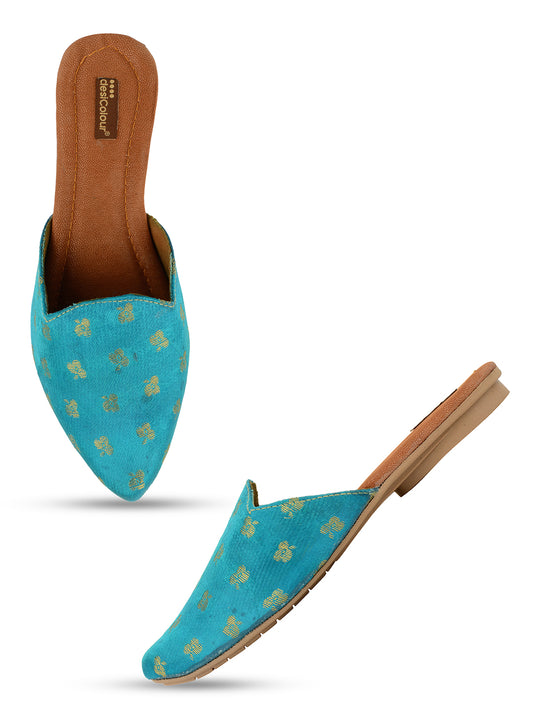 DESI COLOUR Women Blue Printed Ethnic Mules