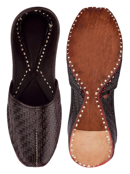 DESI COLOUR Men Coffee Brown Woven Design Leather Mojaris