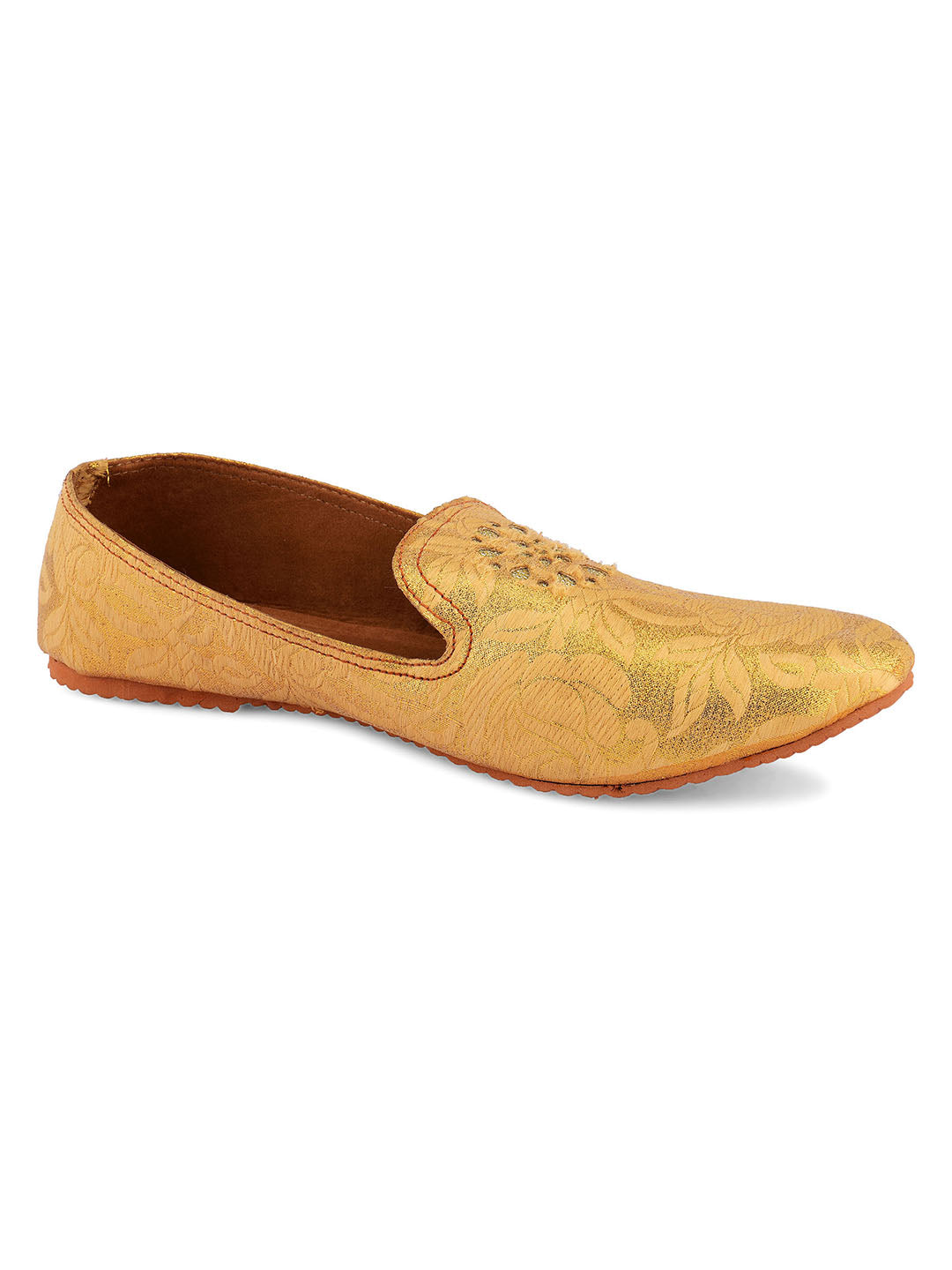 DESI COLOUR Men Gold-Coloured Woven Design Mojaris