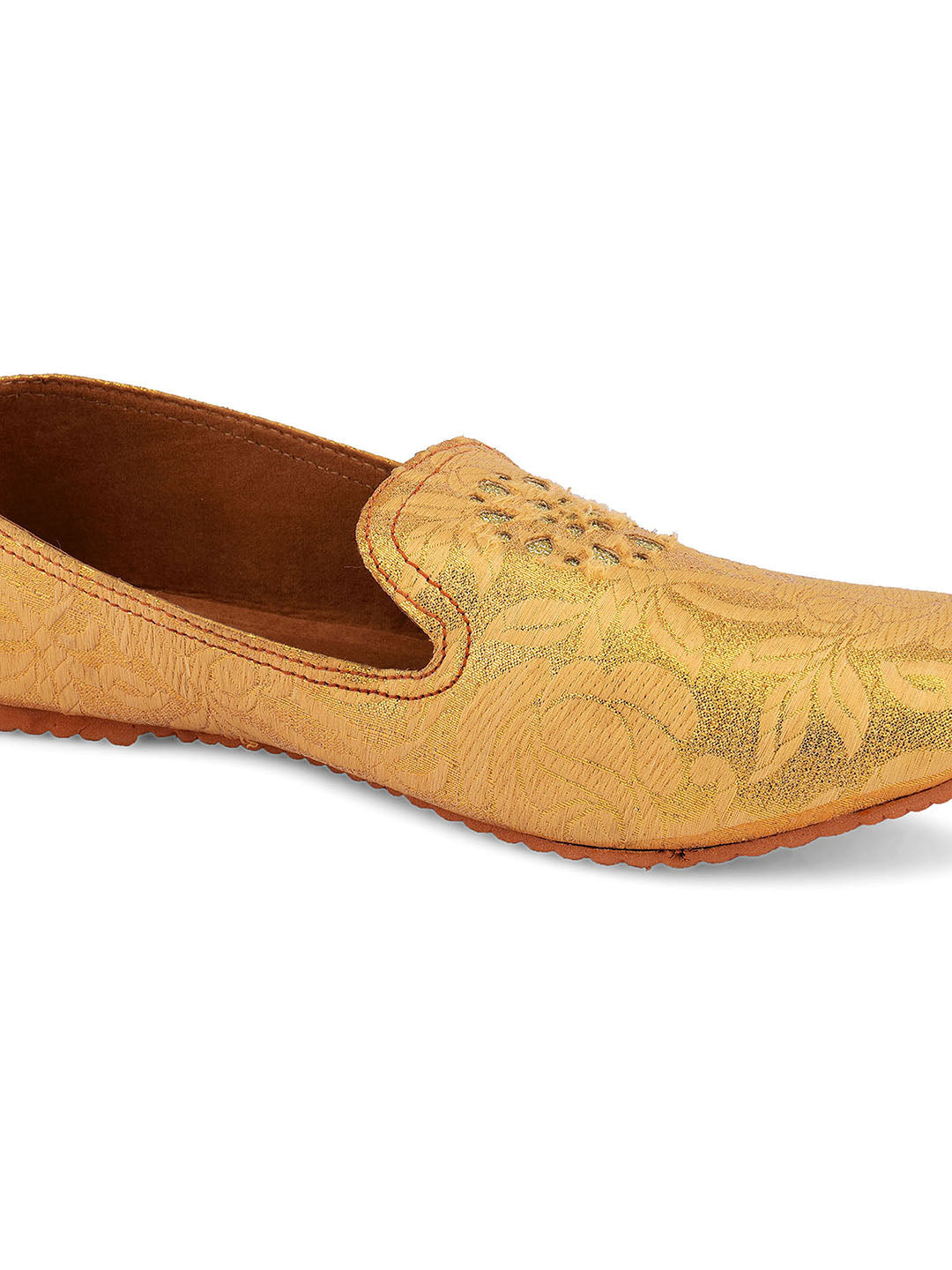 DESI COLOUR Men Gold-Coloured Woven Design Mojaris